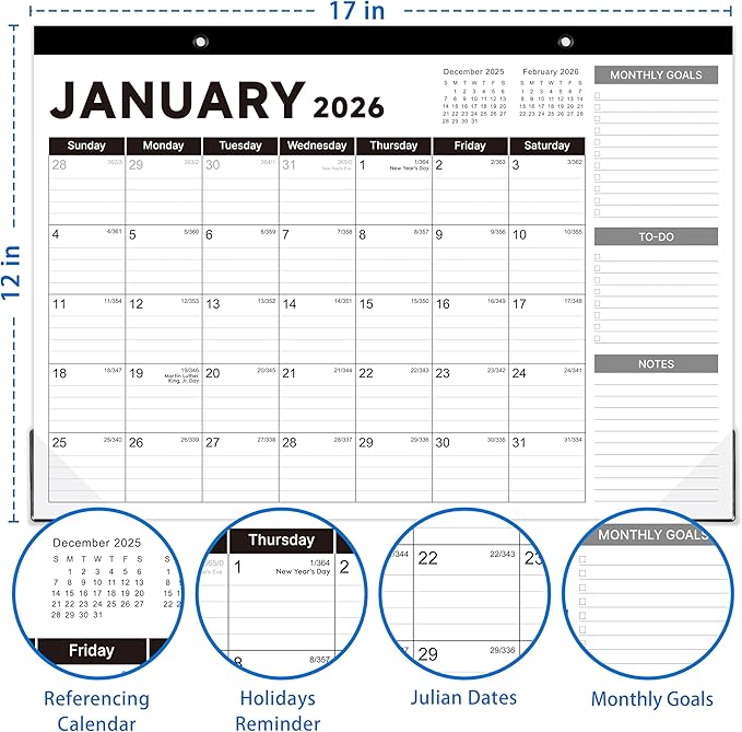 2025-2026 Desk Calendar - Desk Calendar 2025-2026, Jul. 2025 - Dec. 2026, 17"x12" Desktop Calendar with Notes, Corner Protector, Ruled Blocks