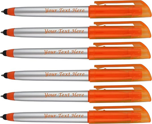 Personalized Pens with Highlighter and Stylus -250 Pack Bulk-Free Imprint - 3 In Highlighter, Ballpoint Pen, and Stylus Combo- add Custom Business Name, Logo or Gift Message- Orange