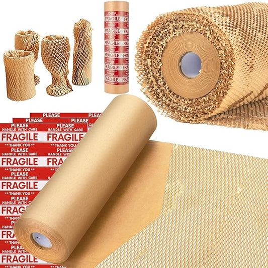 Honeycomb Packing Paper, MINHAO 15"x100' Eco Friendly Packing Paper for Moving Recyclable Honeycomb Paper Moving Supplies Bubble Paper Wrapping Protective Roll, With 36 Fragile Sticker Labels