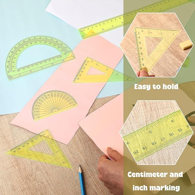Tenare 1 Set Plastic Clear Math Set Includes Protractor Triangle Rulers 12 Inch 6 Inch Straight Geometry Math Transparent Ruler Measuring Tool for School Office Home Supplies(Yellow)