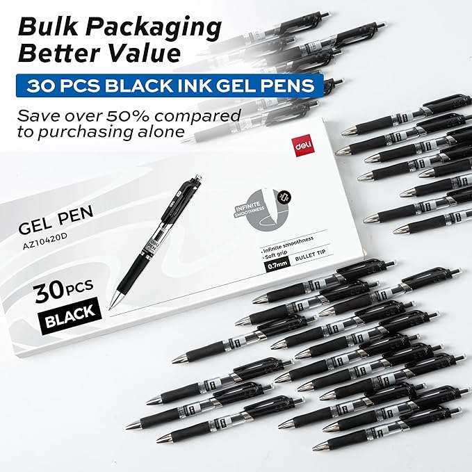deli Gel Pens, 30 Pcs Retractable Pens Black Ink, Medium Point Pen Bulk 0.7mm, Smooth Writing, Fast Dry, No Bleed for Journaling Note Taking, Home School Office Supplies