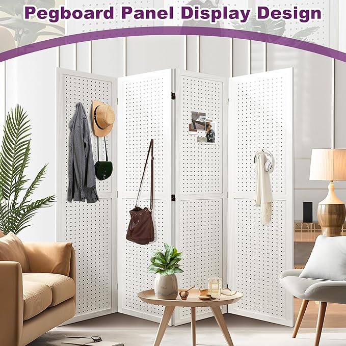 Room Divider, 5.6FT Folding Room Divider Panel, 4 Panel Pegboard Display Wood Partition Wall Divider for Room Separation& Craft Shows, White