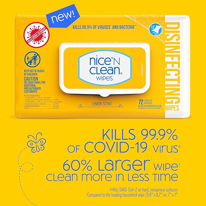 Nice 'N Clean Disinfecting Surface Wipes 72ct | Cleans & Disinfects Home & Kitchen Surfaces | Lemon Scent