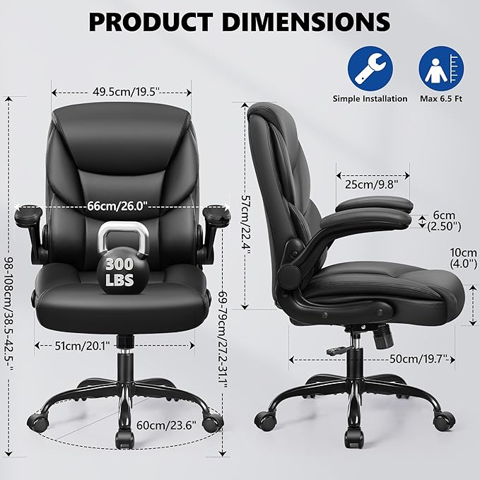 PU Leather Executive Office Chair, Ergonomic High-Back Computer & Gaming Chair with Adjustable Height, Rolling Swivel & Flip-Up Armrests, Comfy Padded Seat for Home Office-Black