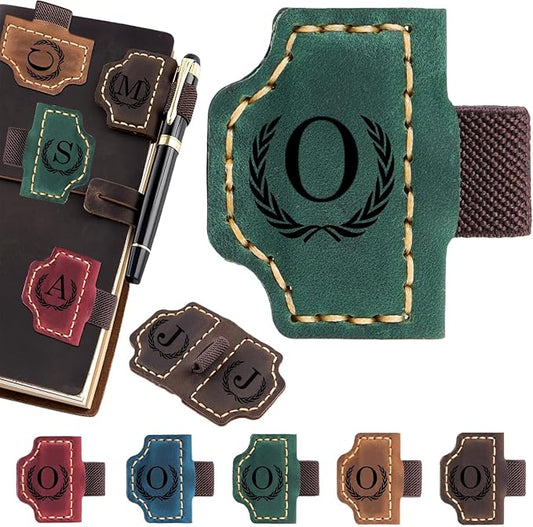 Artlaza Personalized Magnetic Leather Bookmark with Pen Holder - 26 Letters Custom Book Mark with Name Initial Engraved Book Marker for Readers, Book Lovers, Travelers - Gift for Women & Men(Green，O