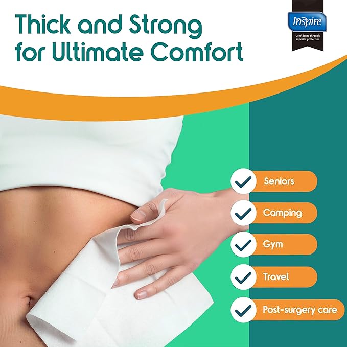 Inspire Ultra Thick Rinse-Free Bath Towels | Shower Towels - Flush-Free Wet Wipes with Aloe | Thick Strong Extra Large Towel for Adults | Body Wipes for Adults Bathing No Rinse