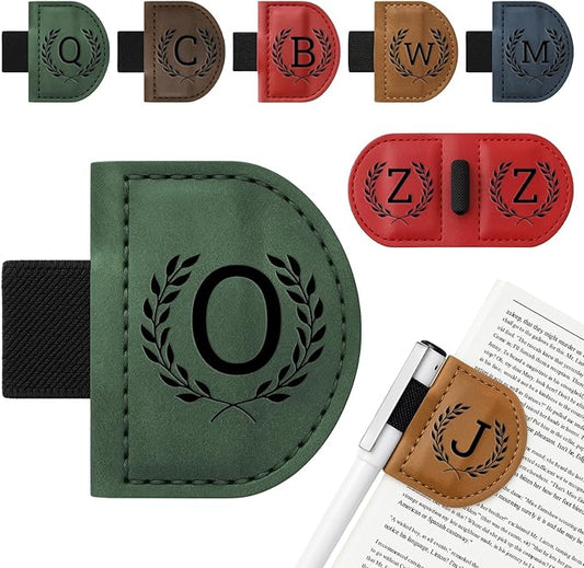 Personalized Bygone Mark Bookmark with Pen Holder,Engraving Leather Magnetic Bookmarks Vintage 26 Letters Name Initials Text Book Marker Clips Gifts for Reading Book Lovers Women (Green, O)