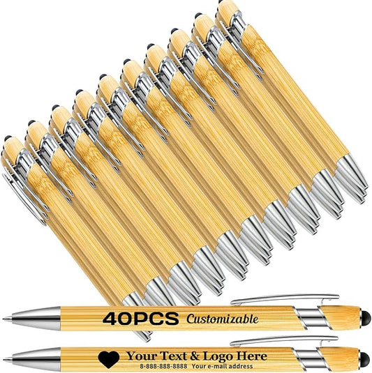 Personalized Pen Customizable Bamboo Pen with Stylus -Customizable Text Logo Name Ballpoint Pens with Black Ink-Personalized Gift Ideas for School Back Day Office Business Home(40 Count/Pack)