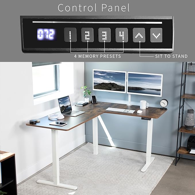 VIVO Electric Corner L-Shaped 63 x 55 in Rustic Standing Desk, Memory Height Adjustment, Vintage Brown Top White Frame, DESK-E3CTWN