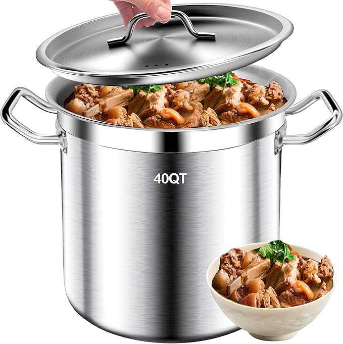 Large Stock Pot - 40QT Stainless Steel Stockpot with Lid, Heavy Duty Tri-Ply Bottom Commercial Grade Soup Pot for Cooking Soup, Stew, Canning, Oven, Gas, Ceramic, Dishwasher Safe