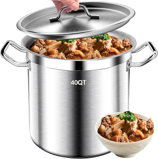 Large Stock Pot - 40QT Stainless Steel Stockpot with Lid, Heavy Duty Tri-Ply Bottom Commercial Grade Soup Pot for Cooking Soup, Stew, Canning, Oven, Gas, Ceramic, Dishwasher Safe