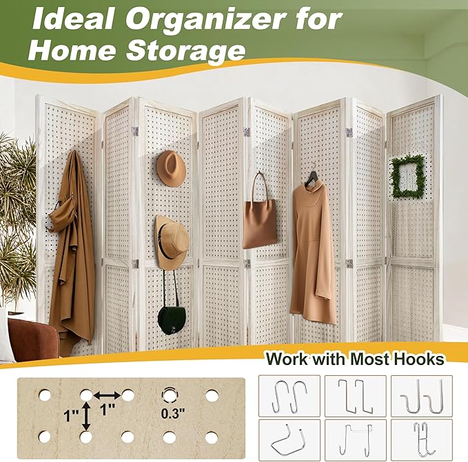 NicBex Room Divider 8 Panel Pegboard Display 5.6FT Wood PegBoard Room Dividers, Folding Privacy Screens Portable Display Board Wall Divider for Craft/Art Shows, Room Separation, Natural Wood