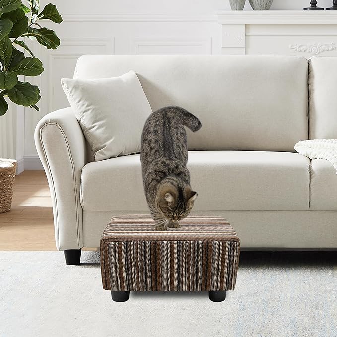 CAROLMADE Small Foot Stool Ottoman Footstool with Legs Under Desk Footrest for Living Room Bedroom and Office,Linen-Stripe Brown