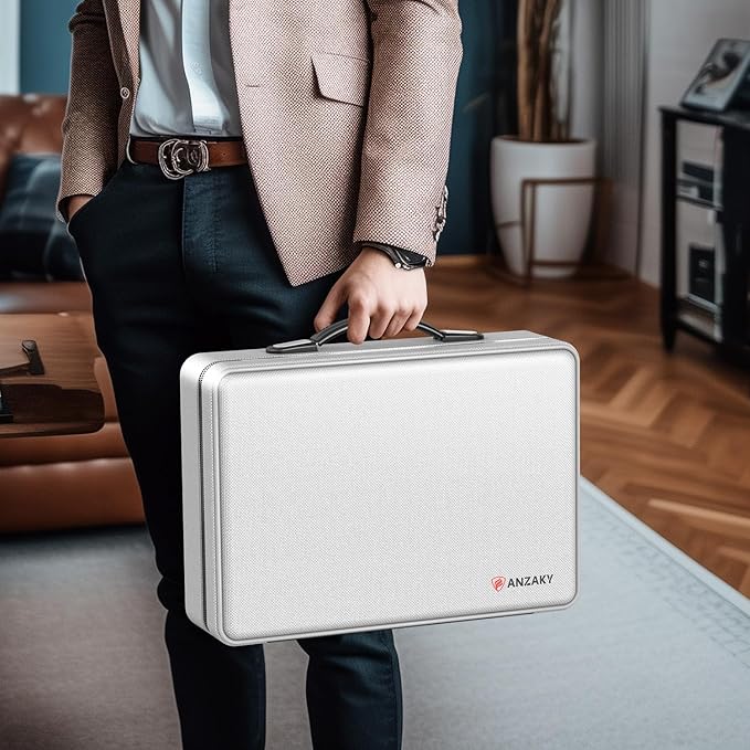 Fireproof Document Box with Fireproof Zipper, Hard Inner Shell Fireproof Document Bag with Lock, Fireproof Water Resistant Important Document Organizer 16 inch Laptop File Briefcase (Silver)