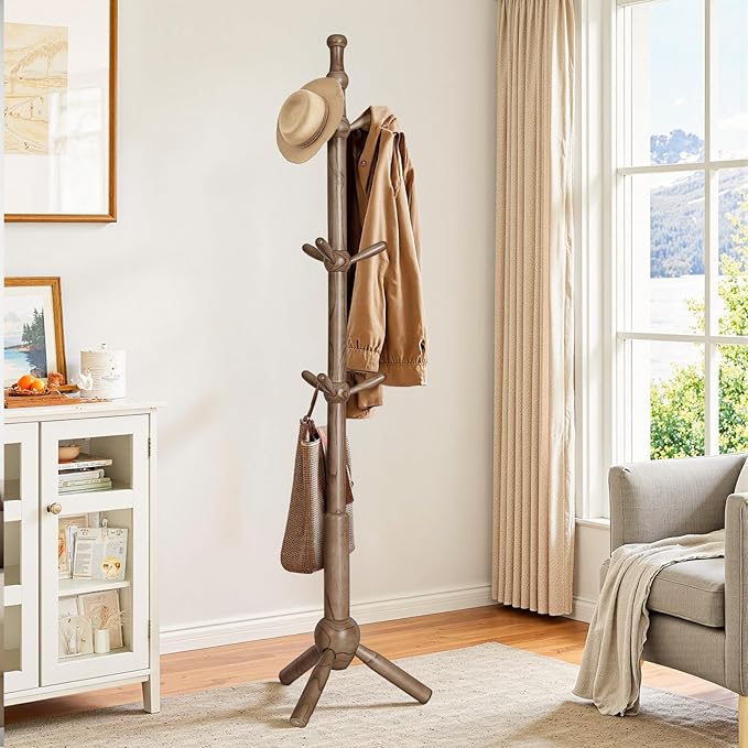 Wooden Coat Rack Stand - Coat Rack Freestanding with 9 Hooks, Adjustable Height, Clothes Hat Organizer, Heavy Duty Coat Hanger Stand for Bedroom, Entryway, Hallway, Office, Dorm, Walnut