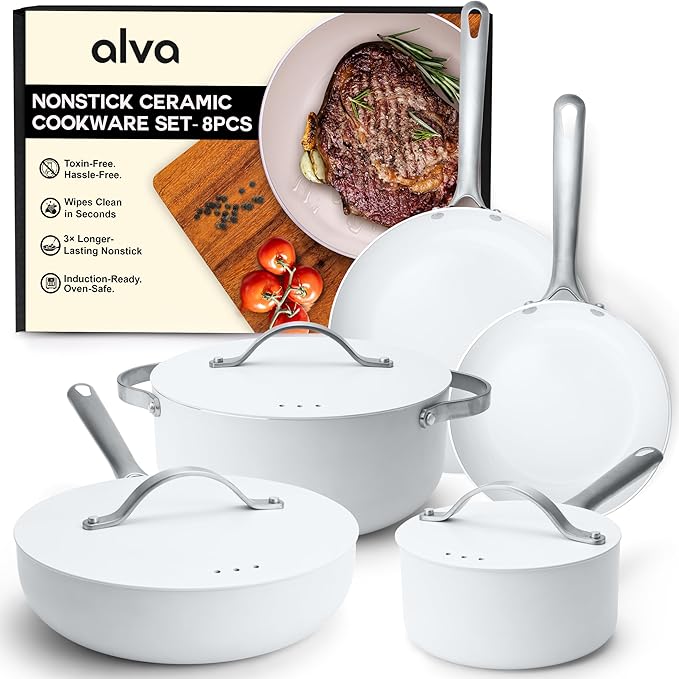 Alva Mobi 8‑Piece Ceramic Nonstick Cookware Set – Made without PFAS/PFOA/PTFE, Induction & Oven Safe, Easy‑Clean Pots & Pans with Lids, Recycled Aluminum + Stainless Handles
