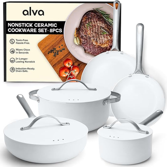 Alva Mobi 8‑Piece Ceramic Nonstick Cookware Set – Made without PFAS/PFOA/PTFE, Induction & Oven Safe, Easy‑Clean Pots & Pans with Lids, Recycled Aluminum + Stainless Handles