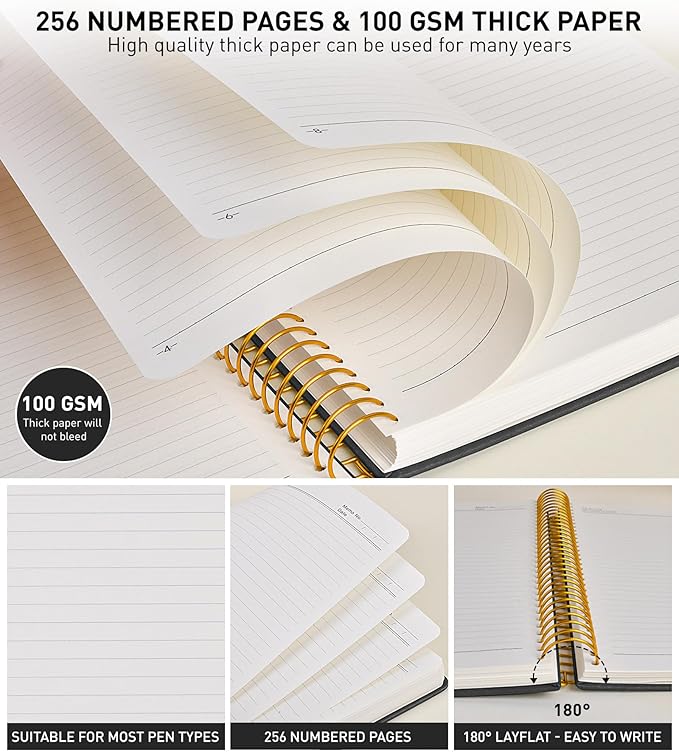 A4 Spiral Notebook Journal 8.5” x 11”, 256 Numbered Pages Hardcover Leather Journals for Women Men, Large Lined College Ruled Notebooks, 100GSM Thick Paper, Spiral Bound Journal for Work School, Black