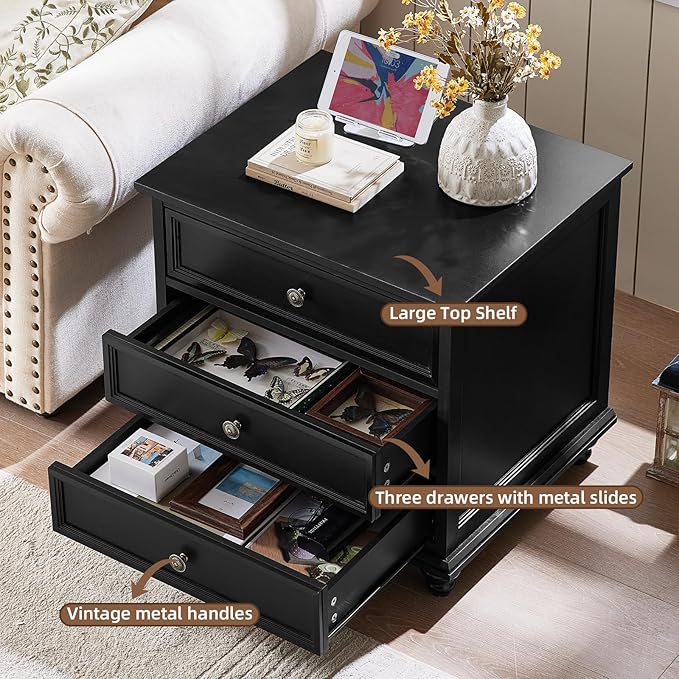24" Wide Farmhouse Night Stand Set of 2,Large End Table with 3 Drawers & Metal Handle,Wood Dresser for Bedroom Cabinet, Bed Side Table Chest of Drawers,Nightstand for Living Room,Closet,Black