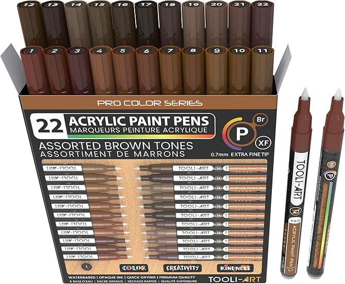 Acrylic Paint Pens 22 Brown Tones Assorted Pro Color Series Markers Set 0.7mm Extra Fine Tip for Rock Painting, Glass, Mugs, Wood, Metal, Canvas, Projects, Non Toxic, Waterbased, Quick Drying
