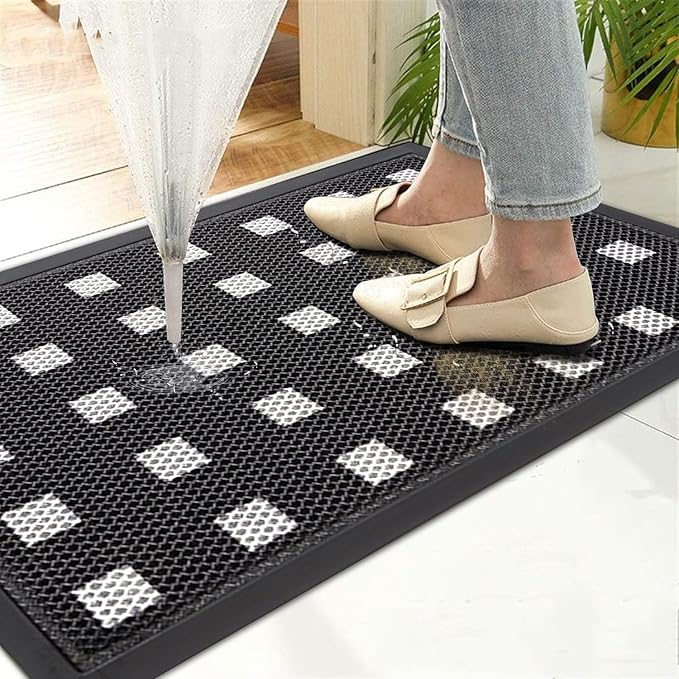 Front Door Mat Indoor Entrance 29.5"x17" for Apartments/Small Spaces, Heavy Duty Rubber Entryway Mats Backing Inside/Outside Dirt Trapping, All Weather Outdoor Rug Black and White