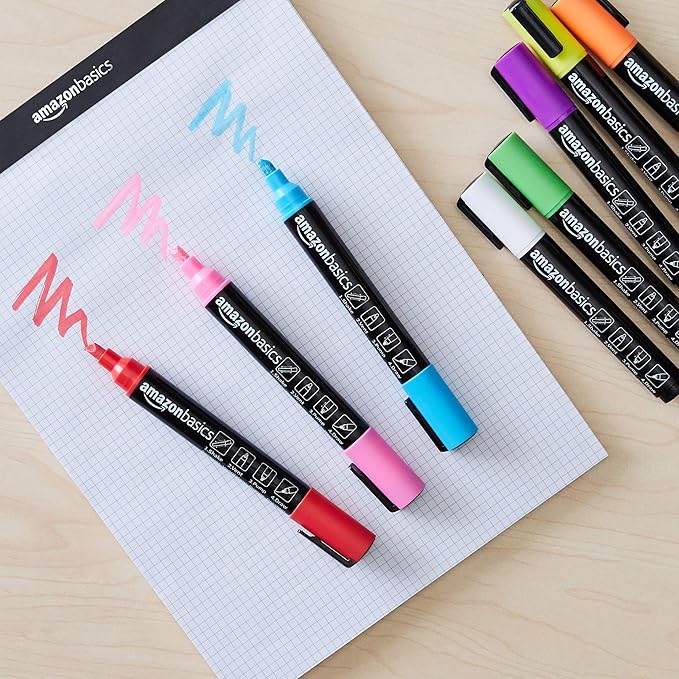 Amazon Basics Bullet/Chisel Reversible Tip Chalk Markers, Bold Point, 8-Pack, Bright Colors