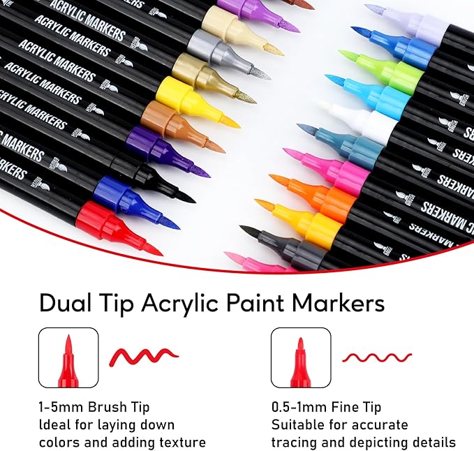 24 Colors Acrylic Paint Markers, Dual Tip with Fine Tip and Brush Tip Pens for Stone, Wood, Calligraphy, Canvas, Ceramic, Metal, Glass, Rock Painting, DIY Crafts