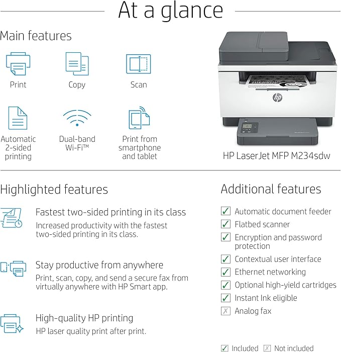 HP Laserjet MFP M234sdw Wireless Monochrome All-in-One Printer with Built-in Ethernet & Fast 2-Sided Printing, Instant Ink Ready (6GX01F) (Renewed)