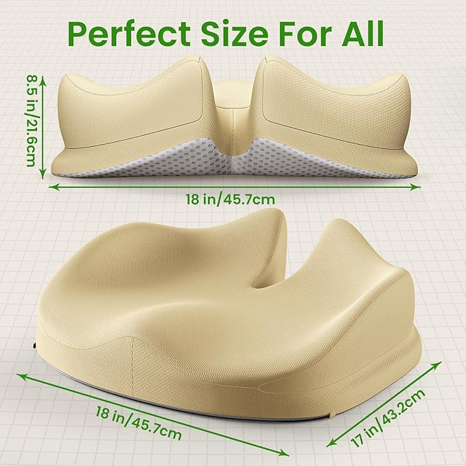 Benazcap Large Seat Cushion for Office Chair Memory Foam Coccyx Pain Relief Cushion Pillow for Back Support Non-Slip Seat Pad for Office Desk, Car Seat, Wheelchair, Sciatica-Beige