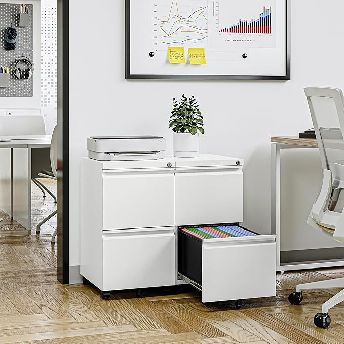 2 Drawer Mobile File Cabinet with Lock for Home Office, Small Rolling Cabinet for Legal/Letter/A4 (White)