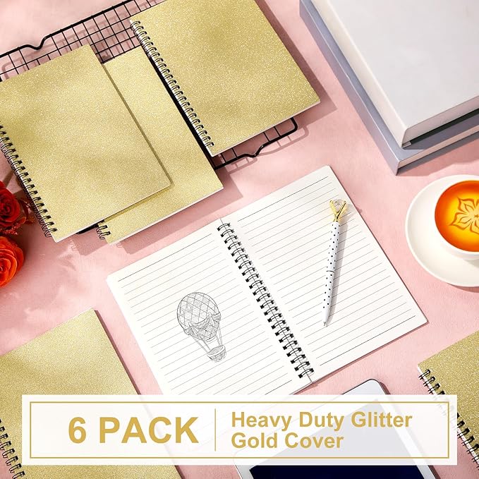 Yahenda 6 Pcs Spiral Notebook Bulk A5 Journal Lined 8.3'' x 5.5'' Writing Composition Paper Small Notepad Subject Notebook for Students Office Business Back to School Supplies (Light Gold)