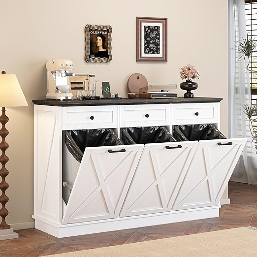 Triple 13 Gallons Tilt Out Trash Cabinet, Farmhouse Garbage Recycling Cabinet with Power Outlets, 3 Drawers, Pet Proof, Freestanding Kitchen Trash Bin Cabinets, White