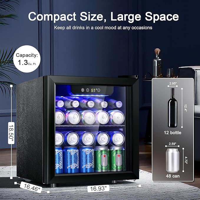 Antarctic Star 12 Bottle/48 Can Beverage Refrigerator, Wine Cooler/Cabinet, Mini Drink Fridge, Clear Front Glass Door Counter Top Red Cellar Beer Soda Bar Quiet Compressor Freestanding 1.3 cu.ft.