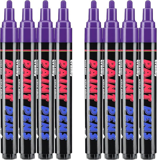 Purple Paint Pens Paint Markers - 8 Pack Permanent Quick Dry Waterproof Marker Pens for Rocks Wood Fabric Plastic Canvas Glass Mugs Metal Tire Stone
