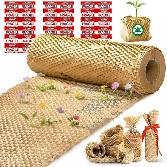 Honeycomb Packing Paper, 12"x400' Brown | Perforated Honeycomb Packing Paper Recyclable Moving Supplies for Shipping & Moving | Plastic-Free Alternative to Bubble Cushion Wrap with 36 Fragile Stickers