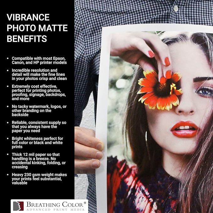 Vibrance Matte Photo Printer Paper 12 mil 230 gsm Matte Finish Premium Photo Paper Roll on 3in Core 36 in x 100 ft Works with Most Inkjet Printer Professional Makes and Models Like Epson Canon HP