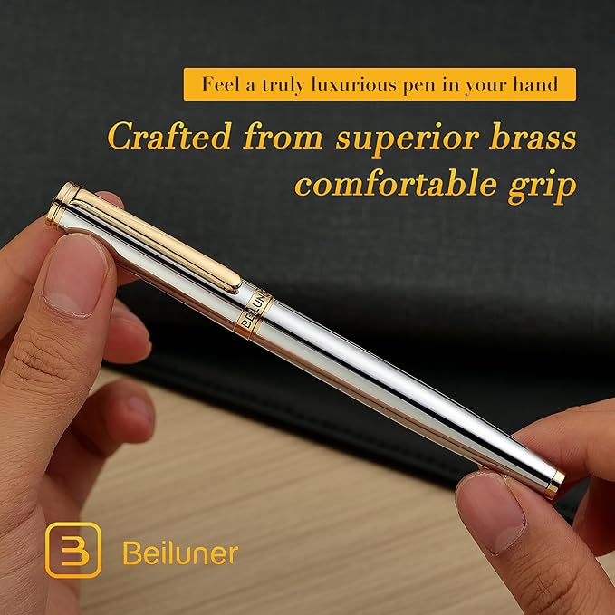 BEILUNER Silver Chrome Fountain Pen,Stunning Luxury Pens with 24K Gold Accents, Gorgeous 24K Gilded Nib(Medium), Ink Converter,Fancy Pen Gift for Men&Women-Elegant, Office, Executive,Nice for Writing