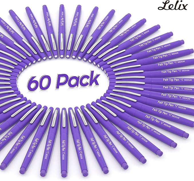 Lelix Felt Tip Pens - 60 Purple Pens, 0.7mm Medium Point, Perfect for Journaling, Writing, Note Taking, Planner, Art, Office & School Supplies