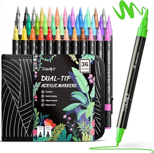 JusArt 36 Colors Acrylic Paint Markers Set With Bag, Dual Tip with Brush Tip and Fine Tip Paint Pens for Rock Painting, Wood, Egg, Canvas, Glass, Stone, Ceramic, DIY Crafts Professional Art Supplies