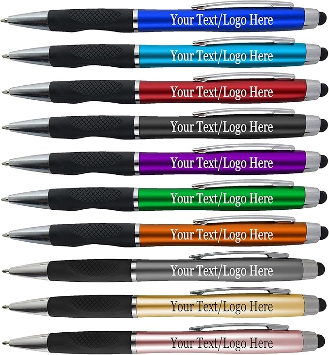Personalized Pens With your Custom Logo or Text-300 Pack Bulk-for Businesses, Parties, and Events, 2 in 1 Ballpoint Pen + Capacitive Stylus Compatible with Touchscreen Devices, Grey Barrel, Blue Ink