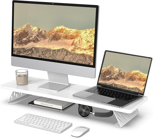 Fenge Monitor Stand Riser, Desk Top Shelf for 2 Monitors, Computer Stands for Desk, Wood & Steel Desktop Riser for Laptop, PC, Printer