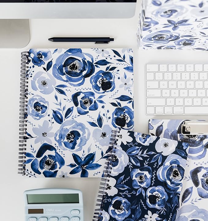 Steel Mill & Co Cute Large Spiral Notebook College Ruled, 11" x 9.5" with Durable Hardcover and 160 Lined Pages, Watercolor Floral (White)