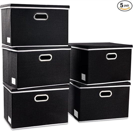 PRANDOM Foldable Storage Bin with Lid [5-Pack] Linen Fabric Decorative Storage Box Organizer Container Basket Cube with Handles Divider for Closet Office Living Room Black(14.9x9.8x9.8)