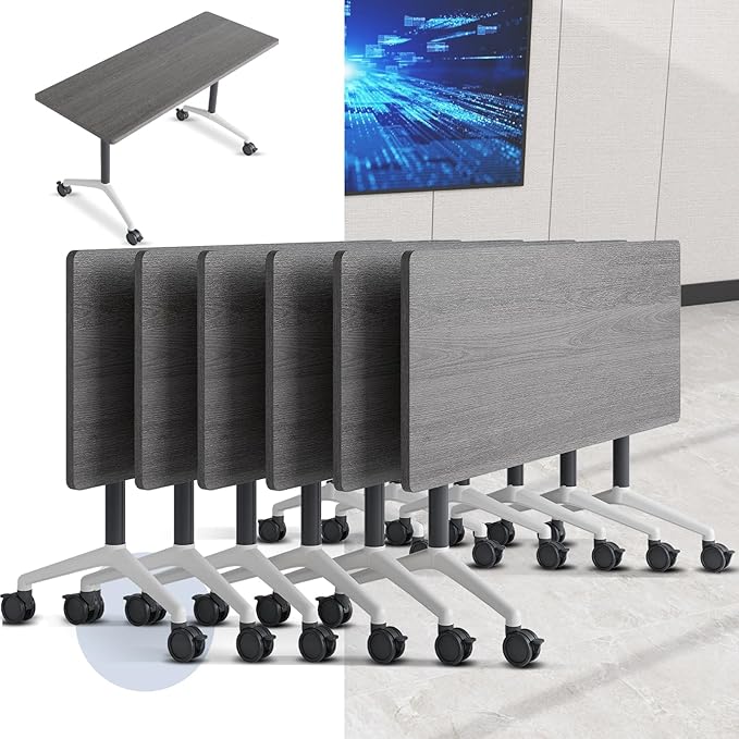 Folding Conference Table, Mobile Training Table for Office Conference, Modern Modular Rectangular Work Desk Meeting Seminar Work Tables with Caster Wheels, Large Breakroom Tables (6Pack L55.1in)