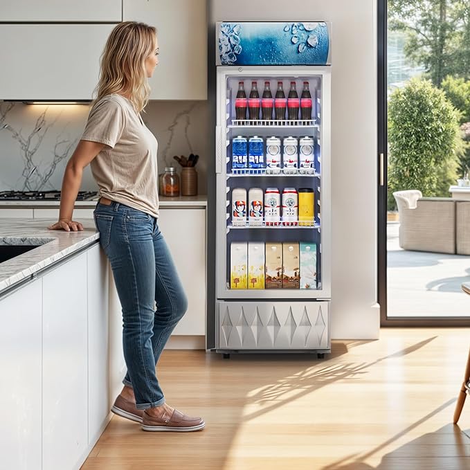 YITAHOME 6.9 CU.FT. Beverage Display Refrigerator with One Glass Door, Commercial Drink Beer Fridge Cooler for Home Office with Customized Light Box 7 Speed Control 3 Ajustable Shelves and Locking