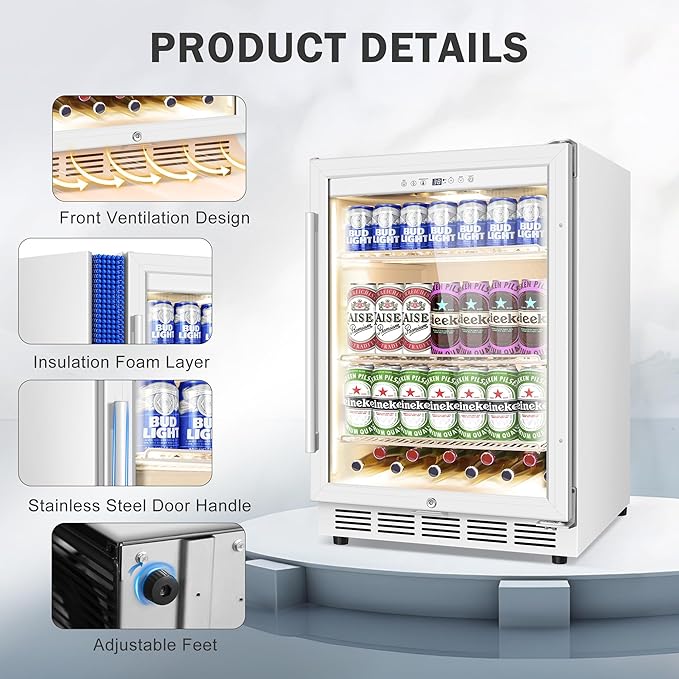 Beverage Refrigerator 24 Inch Drink Fridge, Beer Fridge, 150 Cans Beverage Cooler, Under Counter Refrigerator, Drink Cooler Undercounter Outdoor Refrigerators, Single Glass Door Bar Fridge