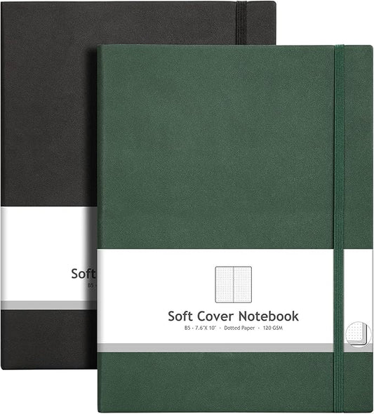 AHGXG Bullet Dotted Journal 2 Pack - B5 Large Journal Dot Grid Notebook (7.6'' X 10'') with Thick 120gsm Dot Paper, Soft Leather Cover, Total 384 Pages, Inner Pocket - BlackGreen