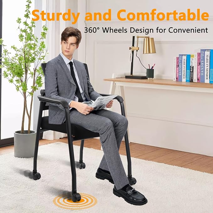 Waiting Room Chairs with Wheels, Adjustable Mesh Backrest, Desk Chair with Ergonomic Lumbar Support and Thickened Seats Cushion, 2 Pack Black