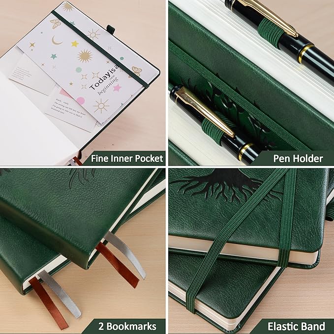 ZXHQ A5 Bullet Dotted Journal Notebook - 150 gsm Thick Paper, 256 Pages, Dot Grid Hardcover, Tree of Life Design, Fine Inner Pocket - 5.9" × 8.5" Dark Green