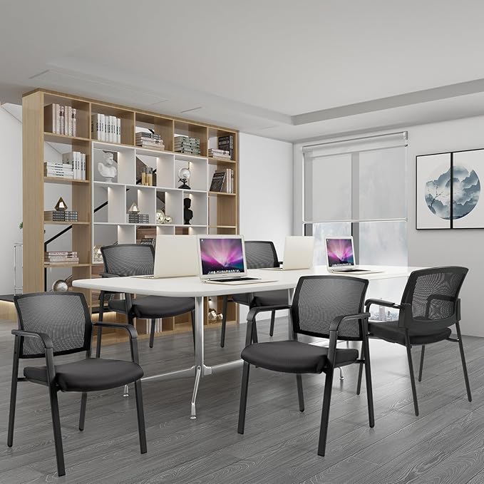 CLATINA Mesh Back Stacking Arm Chairs with Upholstered Fabric Seat and Ergonomic Lumbar Support for Office School Church Guest Reception Black 2 Pack Set
